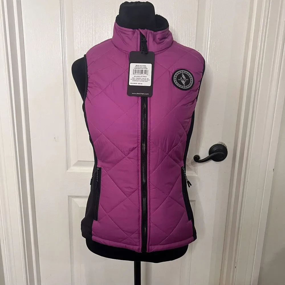 Skechers‎ Everyday Puffer Vest Womens XS Purple Black Quilted Sherpa W3JA243 NEW